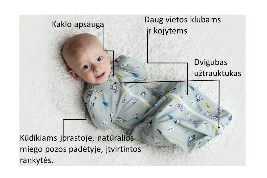 Natūralios miego pozos miegmaišis "Meškis", nusegami sparneliai